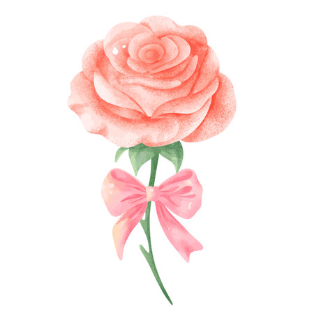 Watercolor pink rose with bow. Isolated on white background.のイラスト素材