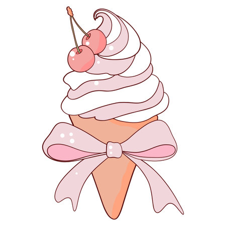 Ice cream in a waffle cone with a bow. Vector illustration.のイラスト素材