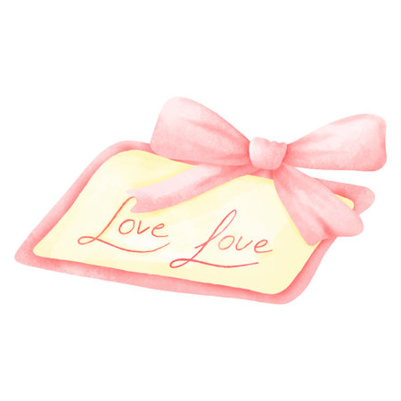 valentine card with pink bow isolated on white background, watercolor illustrationのイラスト素材