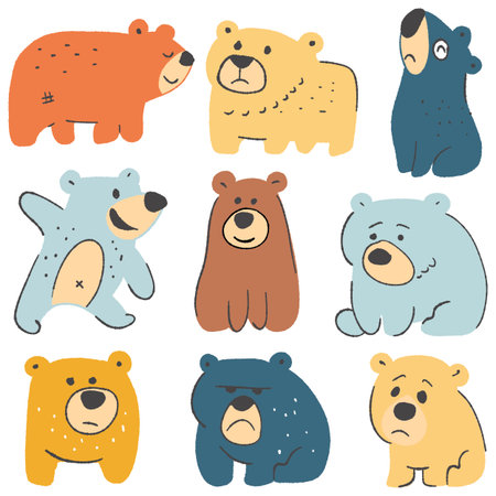Set of cute bear icons in doodle style. Vector illustration.のイラスト素材