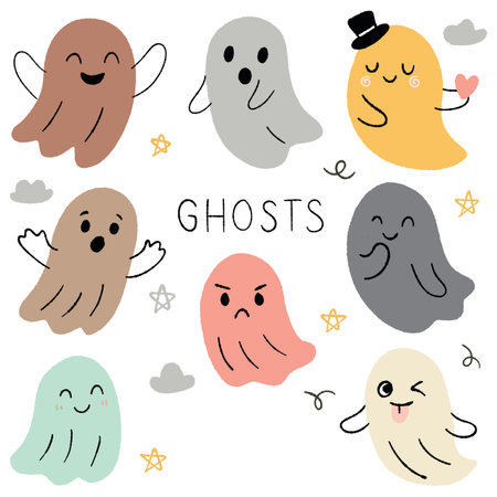 Collection of cute cartoon ghosts. Vector illustration. Isolated on white background.のイラスト素材