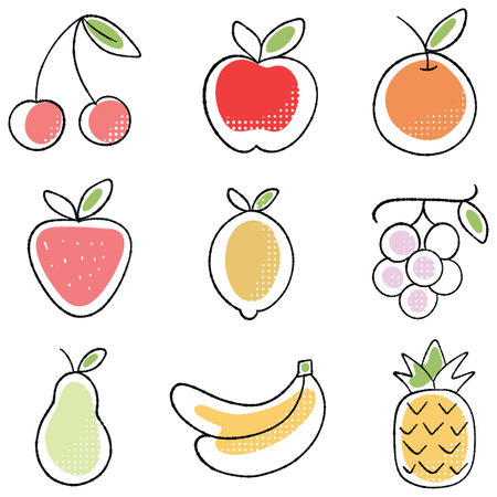 Fruit icon set in doodle style. Vector illustration.のイラスト素材