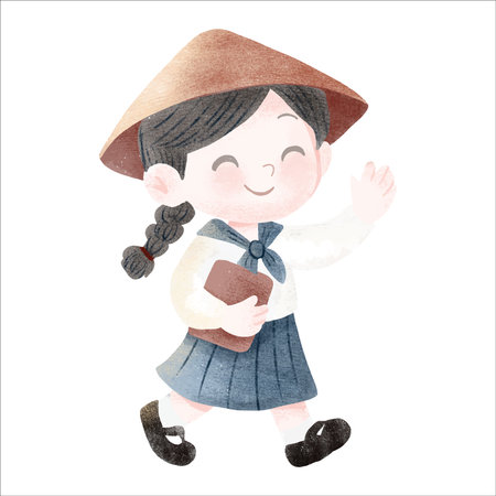 Cute Watercolor Schoolgirl Walking Cheerfullyのイラスト素材