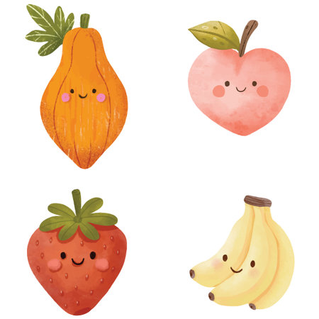 Set of cute kawaii fruits and berries. Vector illustration.のイラスト素材