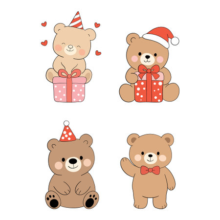 Cute teddy bears with gift boxes and hearts. Vector illustration.のイラスト素材