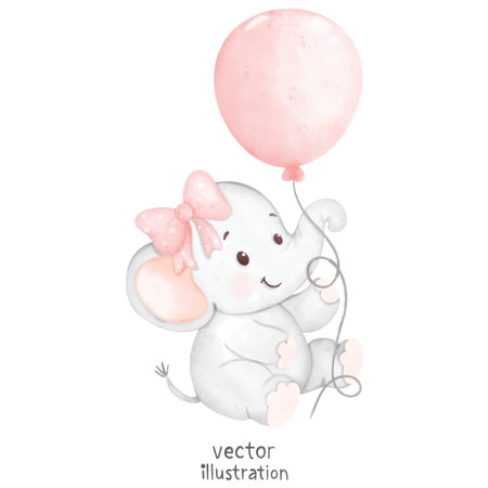 Cute baby elephant with pink balloon. Watercolor hand drawn illustrationのイラスト素材