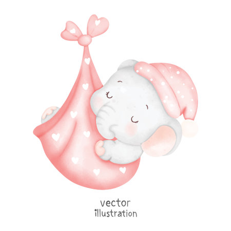 Cute baby shower card. Cute little bunny with pink hat. Vector illustration.のイラスト素材