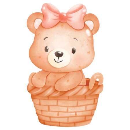 Cute cartoon teddy bear sitting in a basket. Vector illustration.のイラスト素材