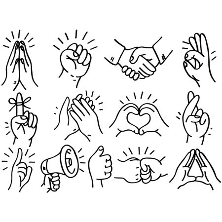 Hand drawn doodle of human hands and symbols. Vector illustration.のイラスト素材