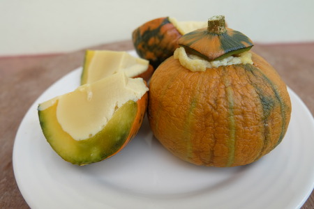 homemade pumpkin custard on dishの写真素材