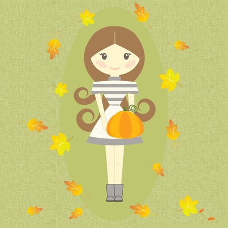 Autumn Girl Holding Fall Symbols Leaves Vector Illustrationのイラスト素材