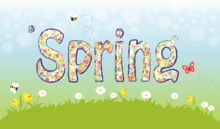 Spring Flowers Butterfly Bee Bubbles Daisy Daffodils Vector illustrationのイラスト素材