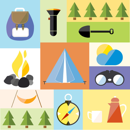 Camp Tent Set Adventure Hike Forest Travel Vector Illustrationのイラスト素材