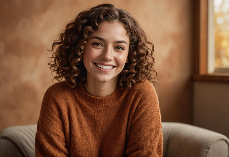 A woman with curly brown hair and a vibrant smile, comfortably seated, evokes an autumnal, homey feel.の素材