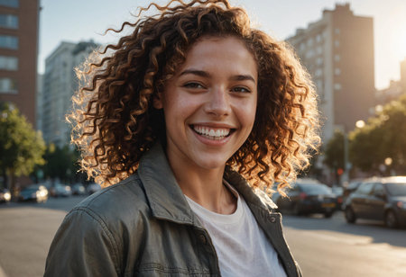 Exuberant young woman with curly hair and a bright smile enjoys a light-hearted moment on a city street.の素材