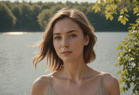 A serene woman enjoys the gentle caress of the summer breeze by the lake, her eyes softly closed in contentment.の素材