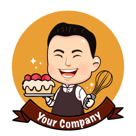 Cute couple Barista in apron standing with arms crossed cartoon character illustrationのイラスト素材