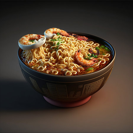 Instant ramen noodles with shrimp in a bowl on a dark background. Hot and spicy noodles. Chinese Mala-style noodlesの素材