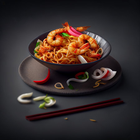 Asian-style fried shrimp noodles in a black bowl with chopsticks on black backgroundの素材