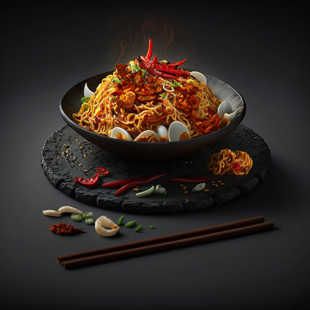 Hot and spicy fried noodles with eggs and vegetables in a bowl on a black backgroundの素材