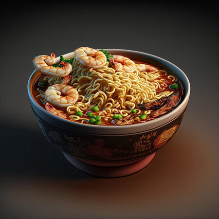 Instant ramen noodles with shrimp in a bowl on a dark background. Hot and spicy noodles. Chinese Mala-style noodles.の素材