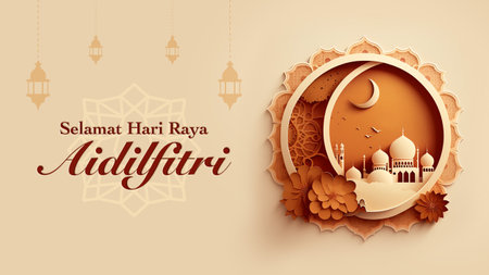Hari Raya Aidilfitri greeting card. Paper cut style. Vector illustration.のイラスト素材