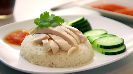 Hainanese chicken with rice and cucumber on a white plate. Delicious boiled chicken with riceの素材