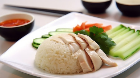 Hainanese chicken with rice and cucumber on a white plate. Southeast Asia Food. Delicious boiled chicken with riceの素材