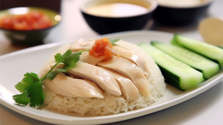 Hainanese chicken rice with chili sauce and cucumber on a white plate.Southeast Asia Food. Delicious boiled chicken with riceの素材