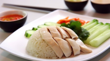 Hainanese chicken rice with cucumber and soy sauce. Southeast Asia Food. Delicious boiled chicken with riceの素材