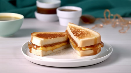 Delicious toasted bread with melted butter and brown coconut jam on the plate. Malaysia local breakfast.の素材