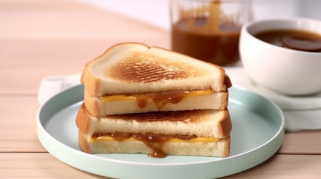 Delicious toasted bread with melted butter and brown coconut jam on the plate. Malaysia local breakfast.の素材
