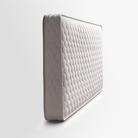 A luxury mattress stands vertically isolated on white background. Comfortable mattress with soft cushion. Mattress display.の素材