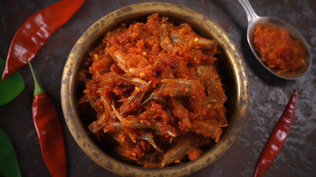 Spicy chili in a small bowl. Malaysia's local food Sambal is a spicy sauce made by deep frying small anchovies and chili paste.の写真素材