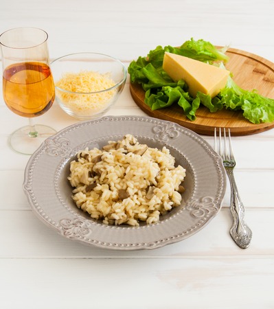 Healthy mushroom risotto on a white background.の写真素材