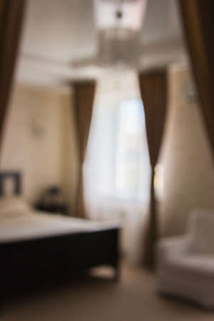 Blur defocused stylish empty bedroom psychological healthy sleep insomnia free.の写真素材
