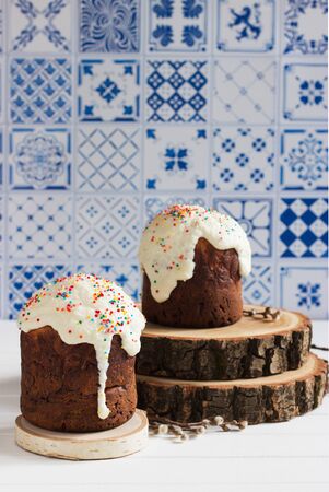 Russian easter bread kulich egg pussy-willow blue background.