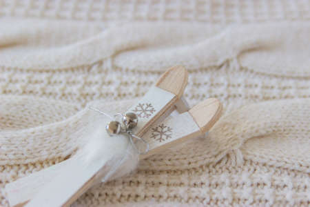 Ski top view Christmas background white sweaterの写真素材