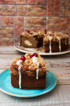 Round cake banana cream cheese stuffed sweet frosting.