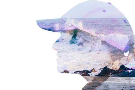 Bicolor double exposure women sea coastline.の写真素材