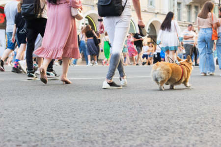 Blurred background people going on pavement nofaceの写真素材