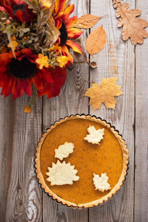 Autumn fall pumpkin pie thanksgiving day background.の写真素材
