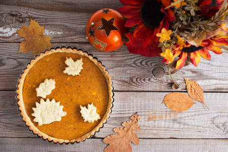 Autumn fall pumpkin pie hedgehog thanksgiving day background.の写真素材