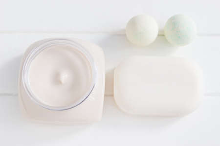 Beauty concept bath stuff white wooden background.の写真素材