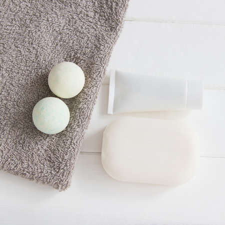 Beauty bath concept gray towel top view.の写真素材