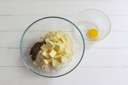 Knead rich dough step by step process glass bowlの写真素材