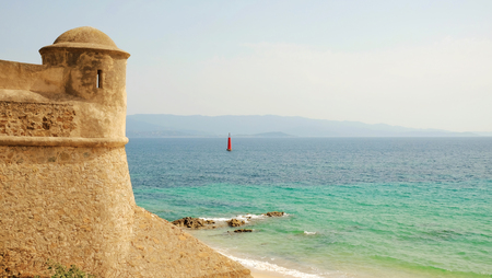 AJACCIO, FRANCE - APRIL 24, 2017: View on the tower of Citadel Miollis and the sea in Ajaccio on Corsica island, France.のeditorial素材