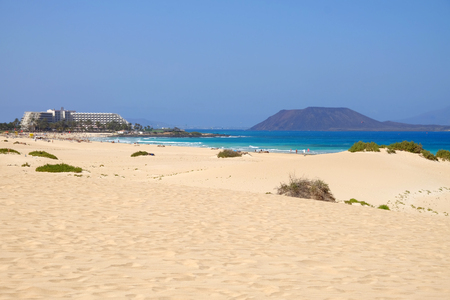 Beach Corralejo on the Canary Island Fuerteventura, Spain. View on the Islands Lobos and Lanzarote.の写真素材