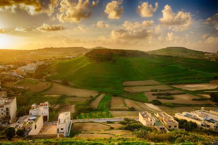 View on a green hill from the Cittadella on the island Gozo, Malta.の写真素材