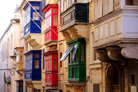 Typical colorful balconies in Valletta - symbol of Malte.